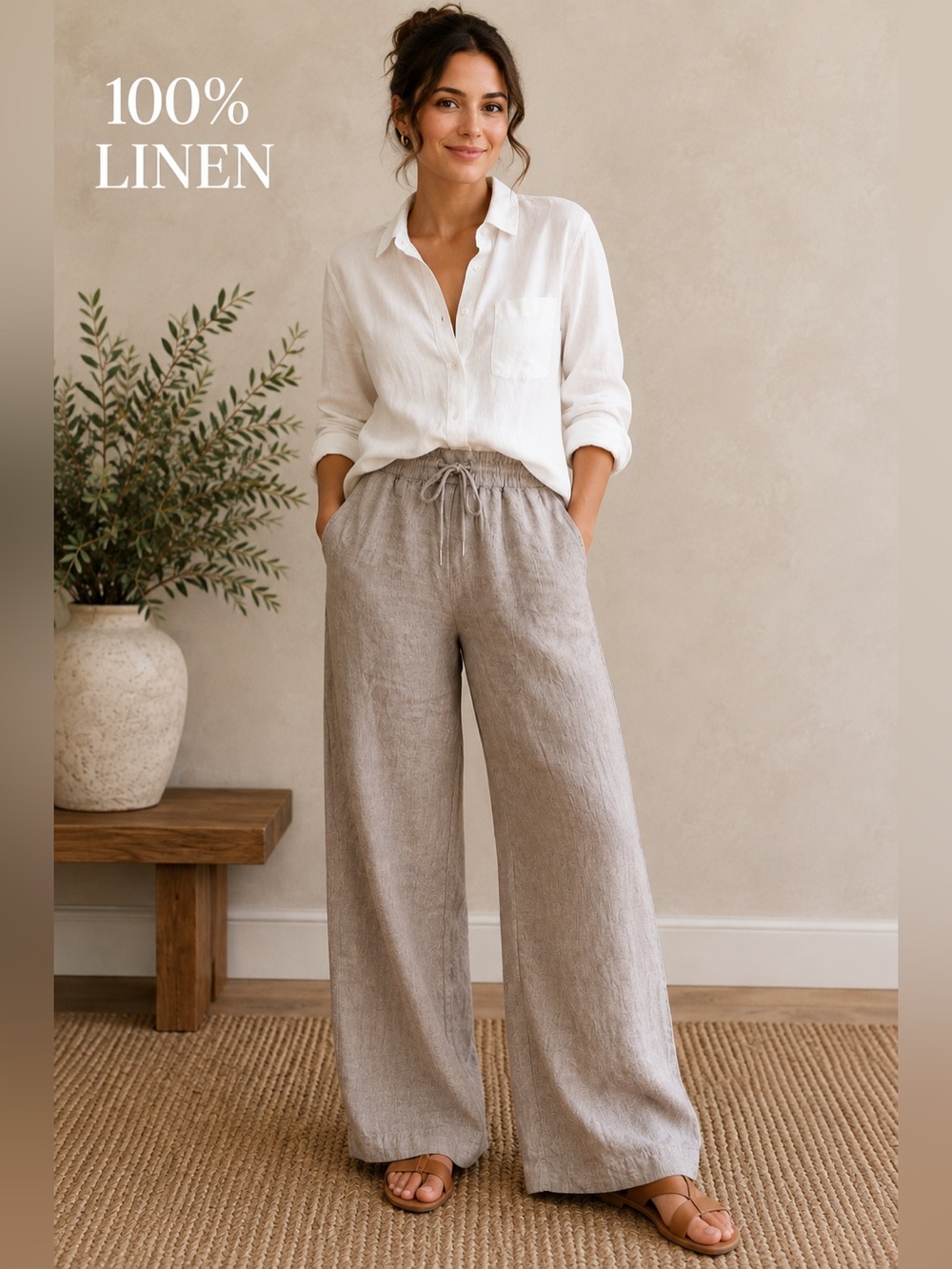 Quince Wide-Leg Linen Pants in Taupe